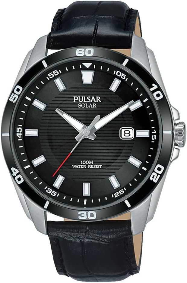 Pulsar Mens Solar Black Dial Black Leather Strap PX3157X1