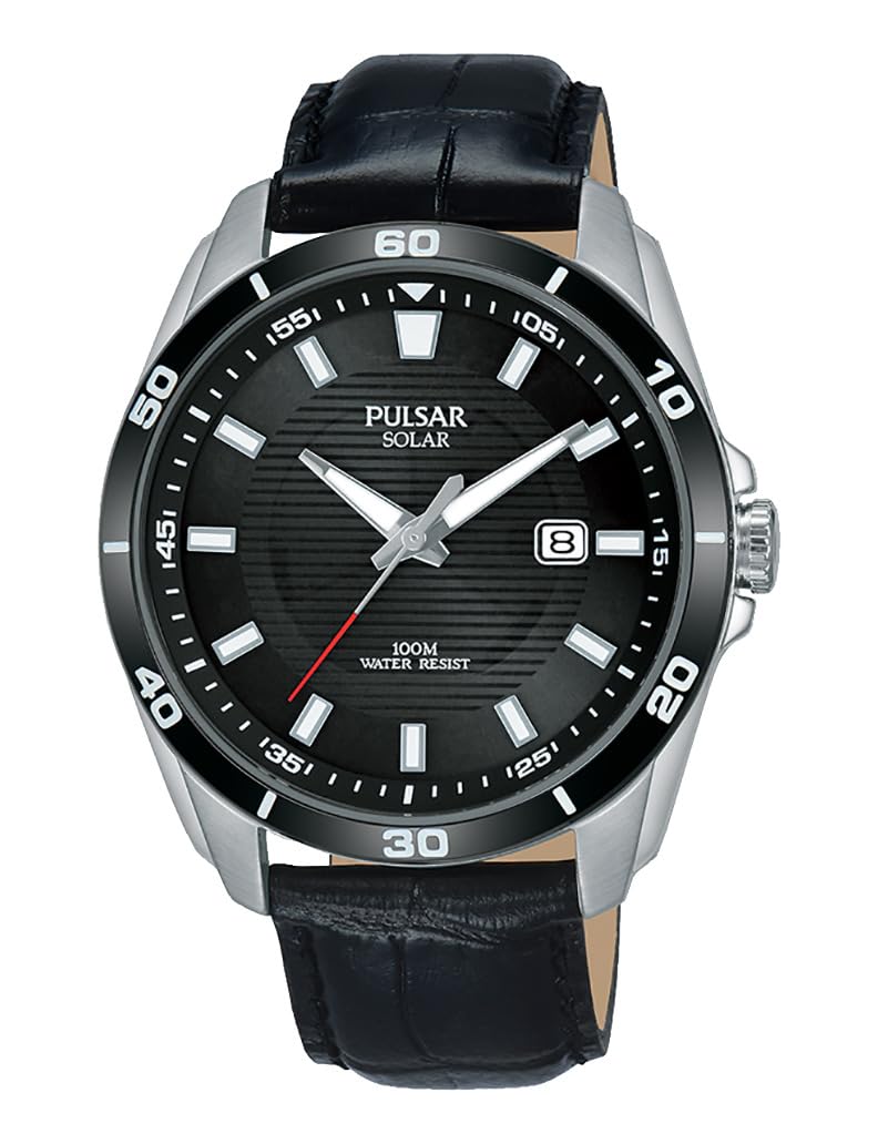 Pulsar Mens Solar Black Dial Black Leather Strap PX3157X1