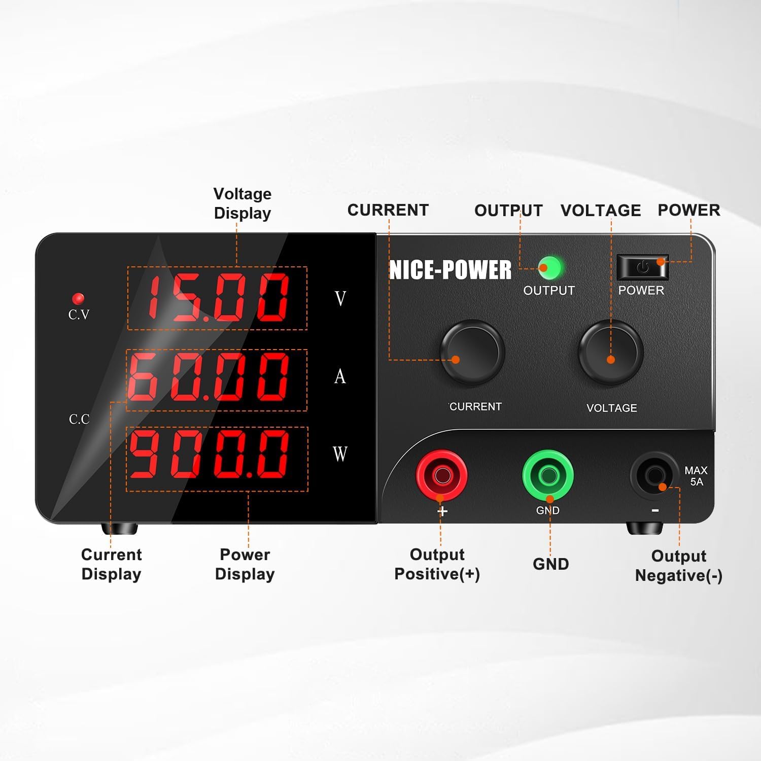 Alimentatore da Banco DC Regolabile, con Manopola Encoder Digitale ad Alta Precisione, Commutazione Automatica CV/CC, Interruttore di Sicurezza per Test Elettronici,Black-15V-60A