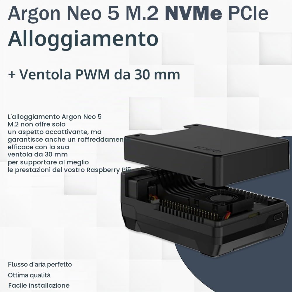 Kit professionale Raspberry Pi 5 8 GB | Argon Neo 5 M.2 NVMe PCIe case | alimentatore USB-C 27 W | cavo micro HDMI | Raspberry Pi 5 8 GB RAM