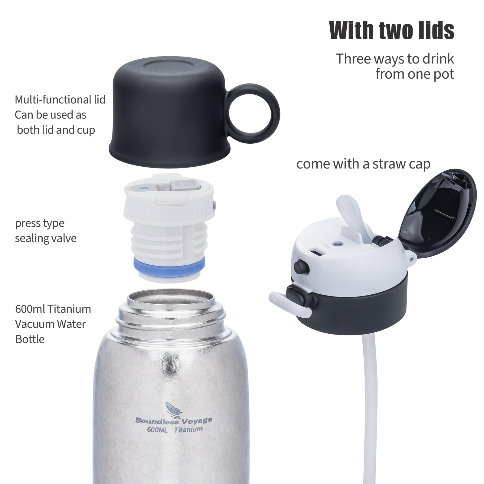 iBasingo 600ml Titan Trinkflasche Vakuum Wasserflasche Auslaufsicher Doppelwandige Kaffee Tee Flasche mit Becher & Strohhalm Leicht Halten Sie Heiß & Kalt Trinkbecher Outdoor Reisen Büro Ti3254D
