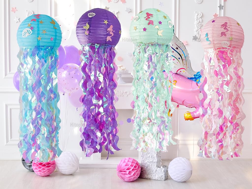 4 Stück Meerjungfrauen Papier Laterne,Quallen Papierlaternen,Papier Laterne,Hängedekoration Papier Lampions,Meerjungfrau Papierlaternen Deko,Partyzubehör mit Meeresmotiven Ozean Thema Party