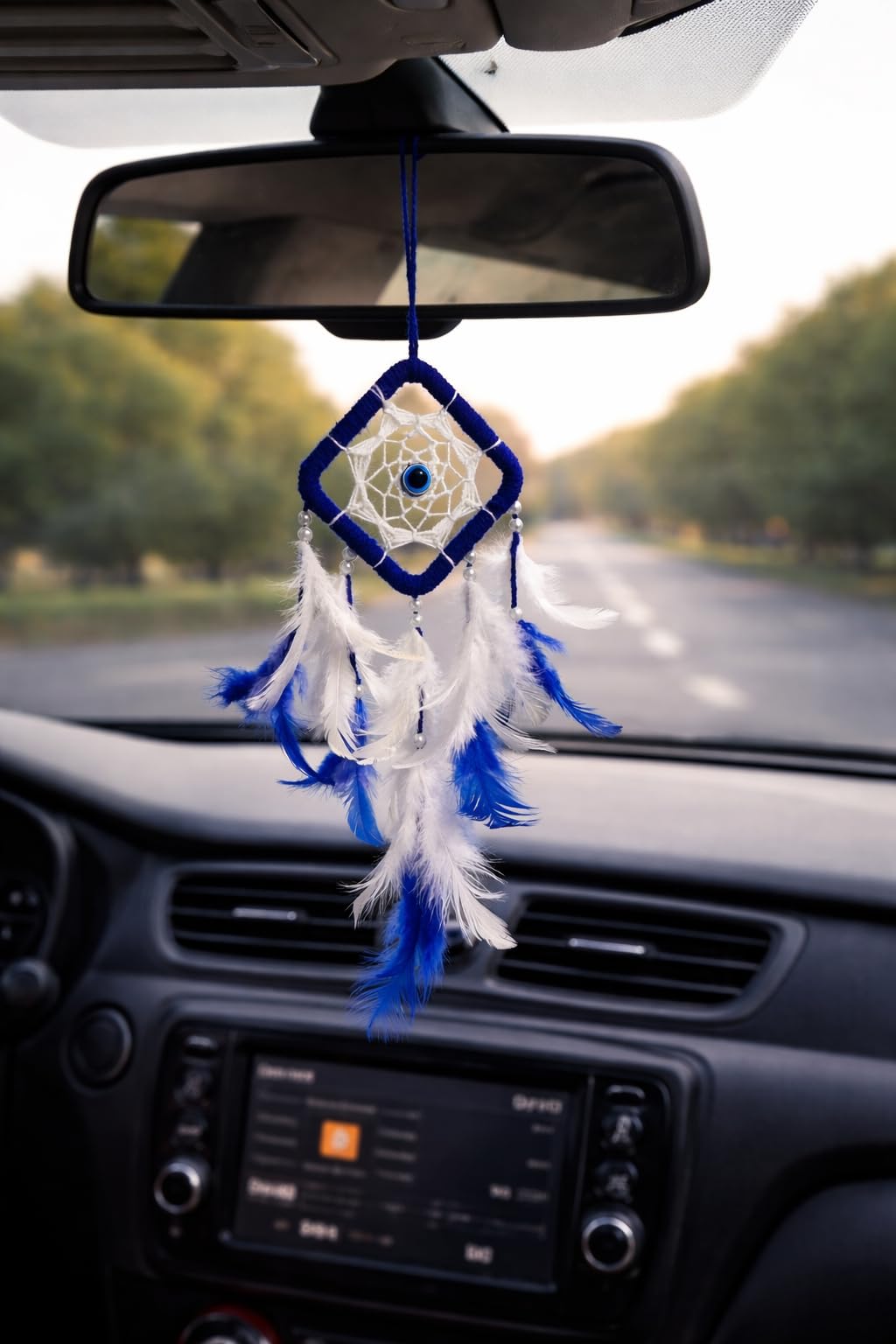 Handmade Blue & White Car Hanging Dream Catcher with Evil Eye – 3 Inch Diameter, 7 Inch Length Rear View Mirror Hanging | Boho Car Decor, Positive Energy Protection Charm for Car Interior-image-36