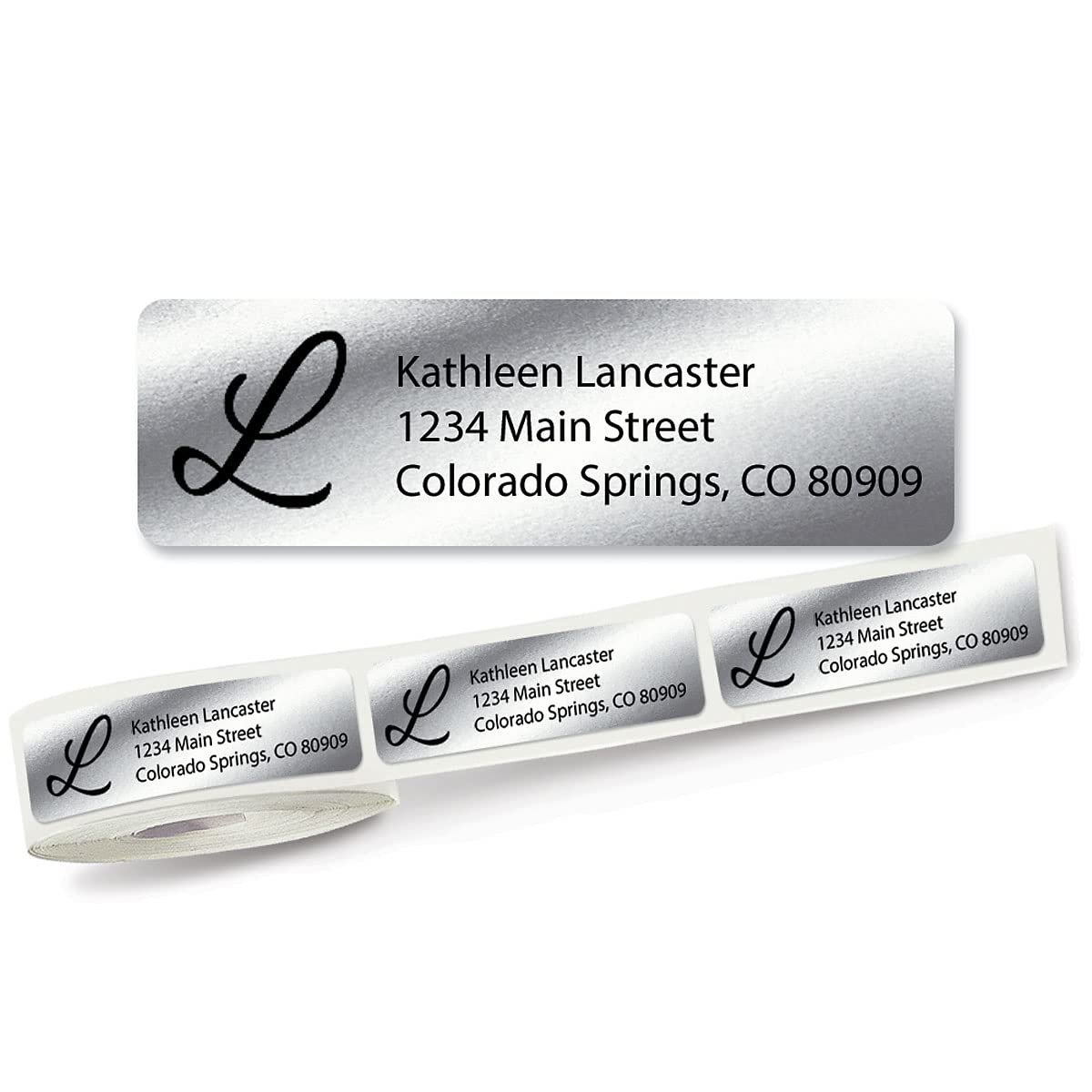 Silver Foil with Initial Standard Rolled Address Labels - Set of 500 2 1/2" x 3/4" Rolled Labels with Clear Acrylic Dispenser
