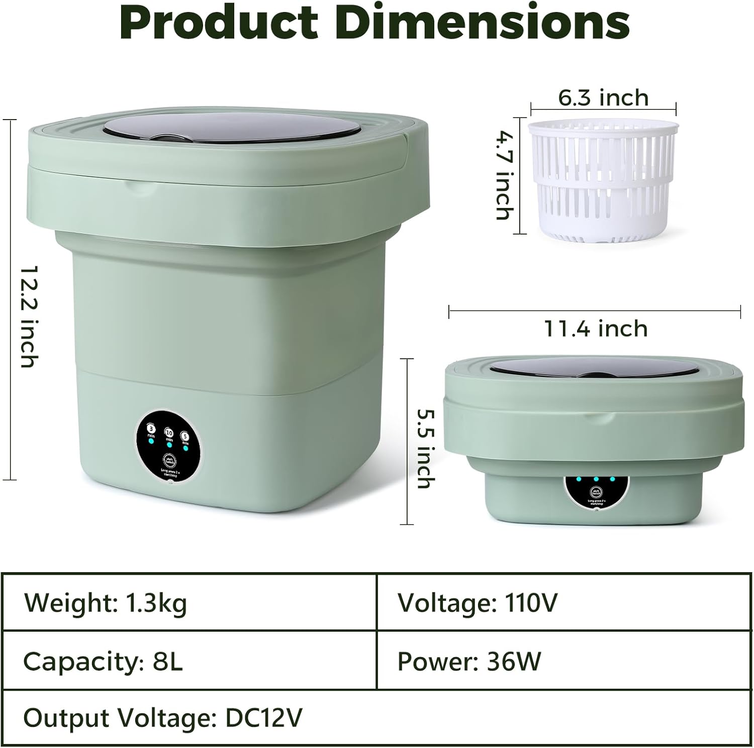 Portable Washing Machine, 8L Mini Washing Machine with 3 Modes Timing Cleaning, Portable Washer with Soft Spin and Draining for Socks, Baby Clothes, Towels and Small Items, Green