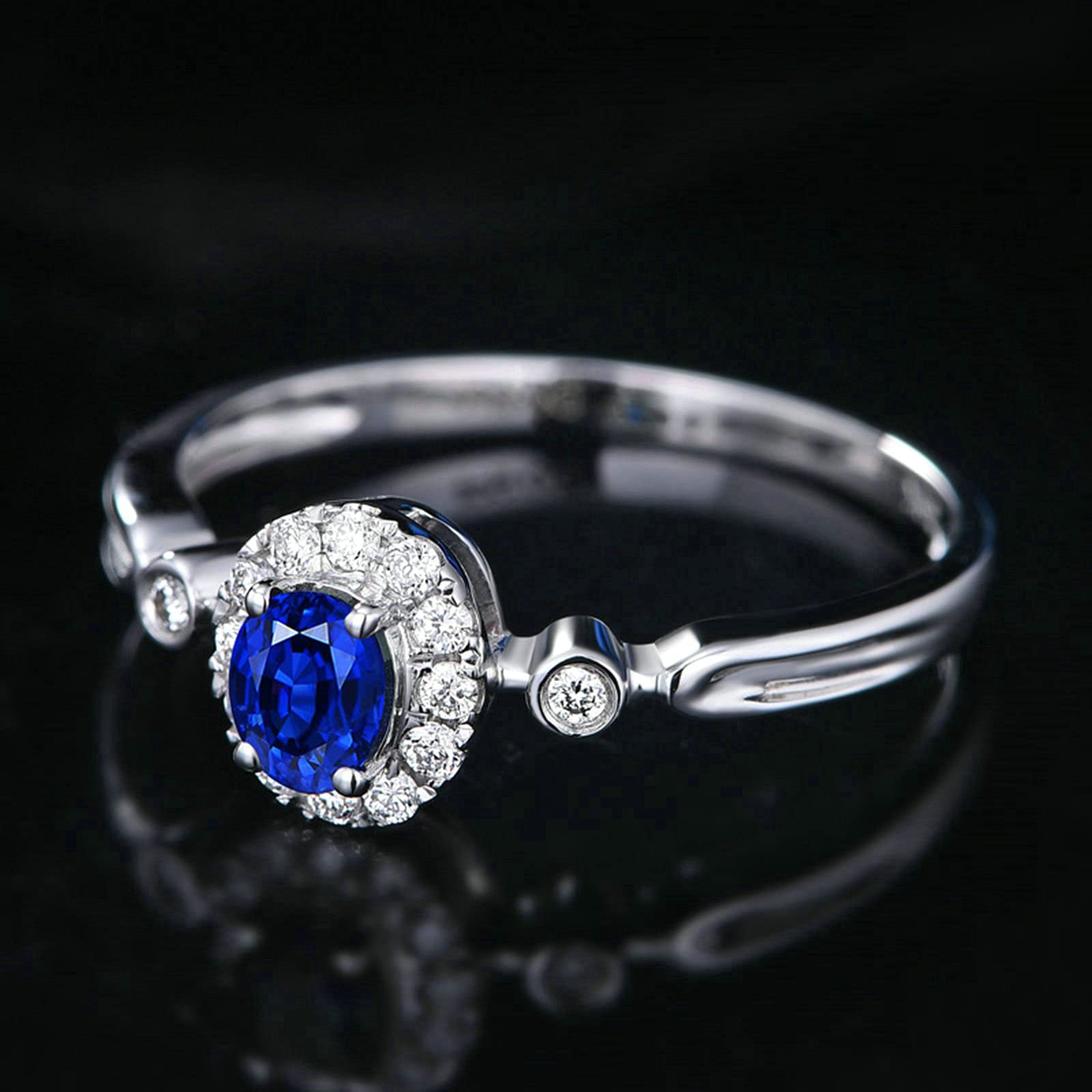 KnSam Anello Zaffiro Donna Oro Bianco, Fedi Nuziali d Oro Bianco Diamante Halo con Zaffiro 0.38ct Dimensione 6,75