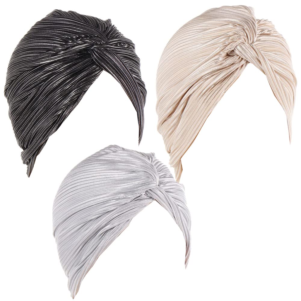JDYaoYing 3Pieces Pleated Glitter Turban for Women Beanie Headwrap Head Cover India's Hat