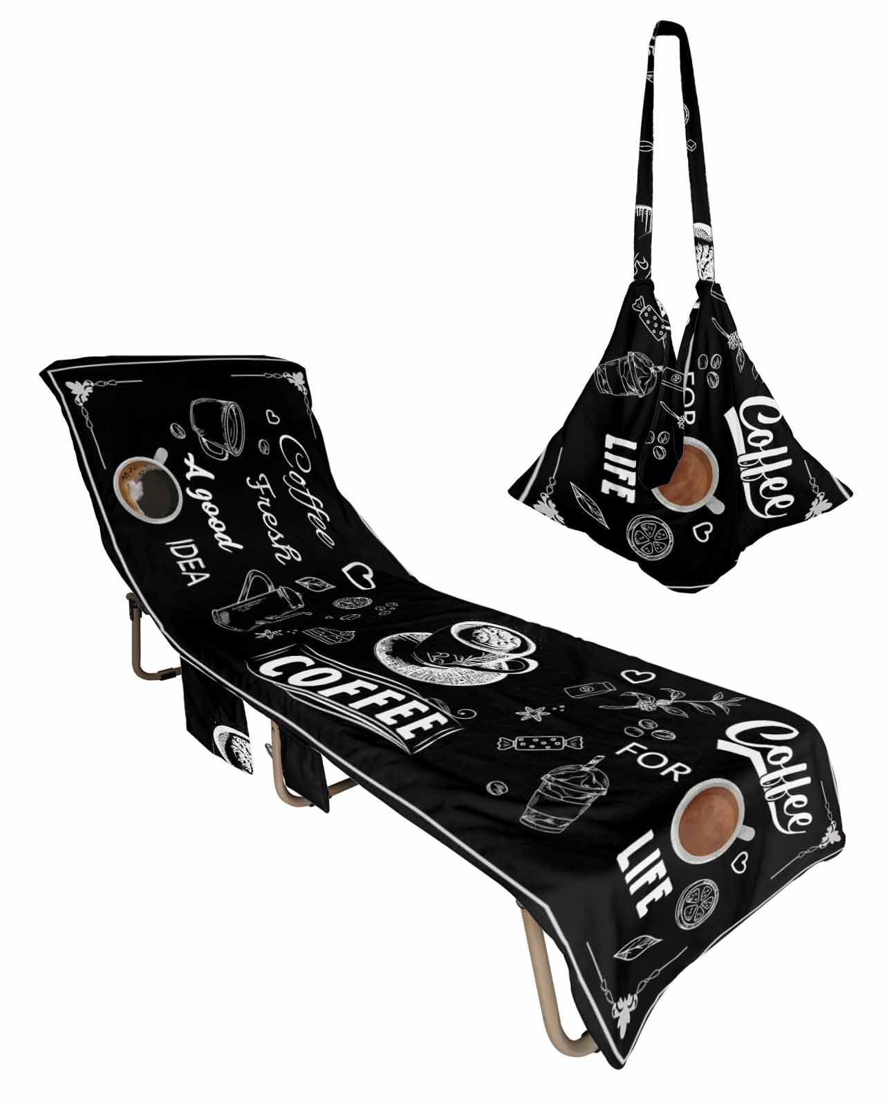 Black Coffee Beach Lounge Chair Towel Cover, Soft Chaise Lounge Towel with Side Pockets Patio Pool Chairs Cover for Beach/Pool Sunbathing 29x85 Farmhouse Coffee Life Classic Black