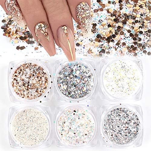 Holographic Nail Glitter Sequins Nail Art Glitters Kit, 6 Boxes Nail Art Supplies Gold White Metallic Shining Flake Glitter Sparkles Chunky Nail Glitter Nail Art Powder Dust Sequins for Nails Decor