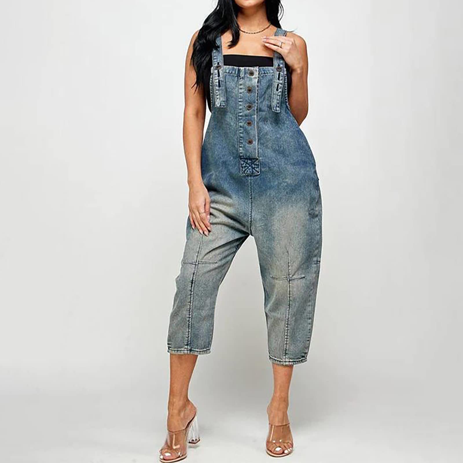 Pantalones vaqueros con peto para mujer, 7/8, pantalones de trabajo, vintage, vaquero, holgado, informal | Bib Pants Distressed Pantalones de mezclilla, Babero de Moda Trajes sin Mangas Jean Mono Para Verano, Diario, Trabajo