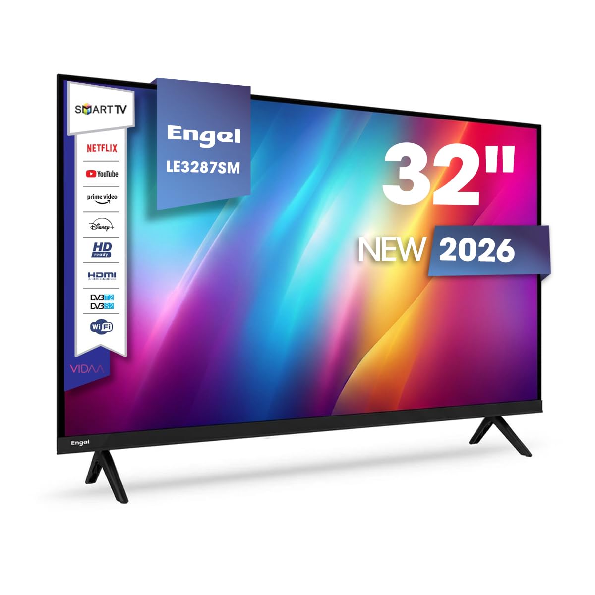 Engel LE3287SM Smart TV LED 32 Pulgadas HD Ready con VIDAA, Dolby Audio, DVB-T2/S2/C, 2 HDMI, 2 USB, Ethernet, Ranura Ci, PVR Time Shift, Modo Hotel y VESA 200x100