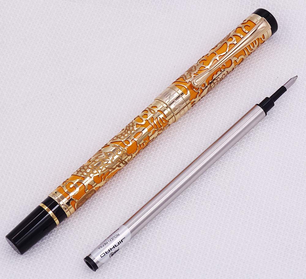 Jinhao 5000 Stylo roller à bille avec étui pour stylo Motif dragon en relief 3D Orange