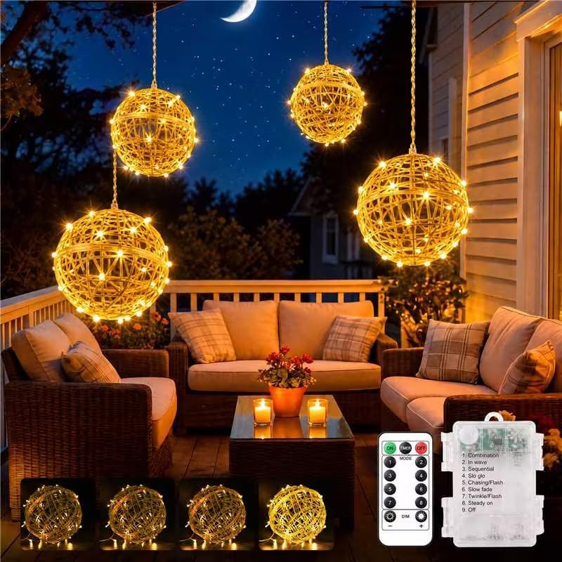 btfarm 4 Stück Weihnachtsbeleuchtung Außen, LED Lichterkugel Batterie | Dimmbar Lichterkette mit Fernbedienung & Timer, IP65 Wasserdicht, 8 Modi für Garten Flur Terrasse Balkon Innen Deko, Warmweiß