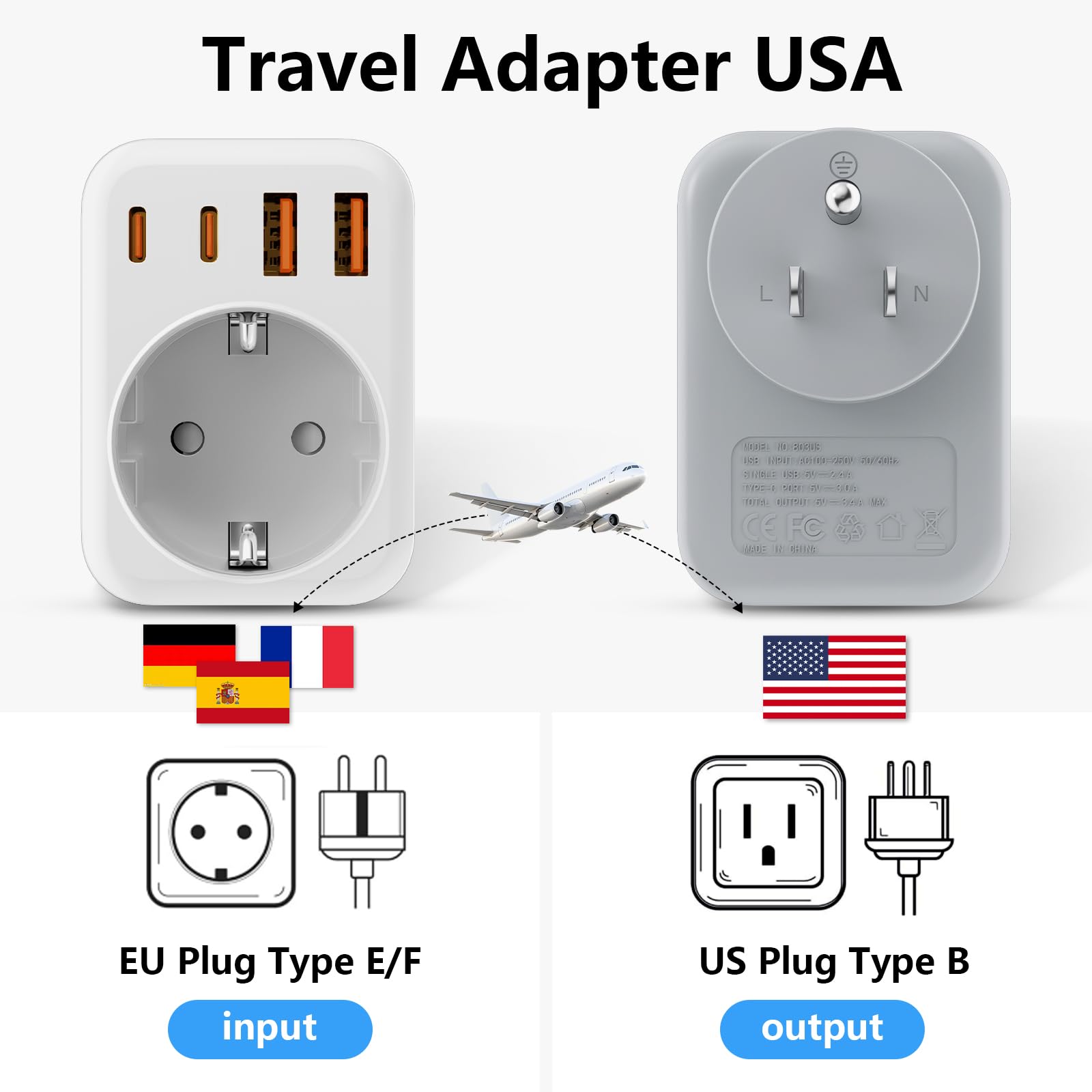 5 en 1 Adaptateur Prise USA,Adaptateur Prise Canada avec 2 USB-A et 2 USB-C et 1 Prise Européenne pour Canada, Mexique,Thaïlande(Type B)
