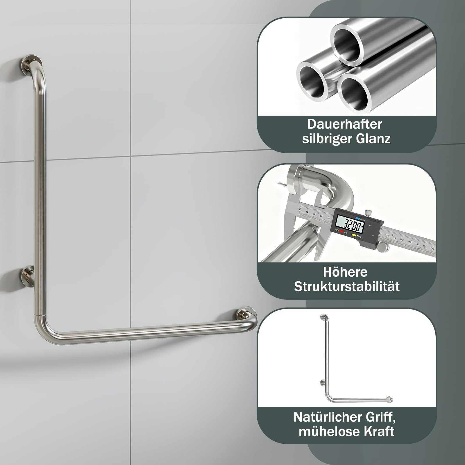 Barra de baño uyoyous, 70x50 cm, asa de seguridad de acero inoxidable, soporta hasta 300 kg, barra de bañera en forma de L vertical derecha, adecuada para personas con discapacidad