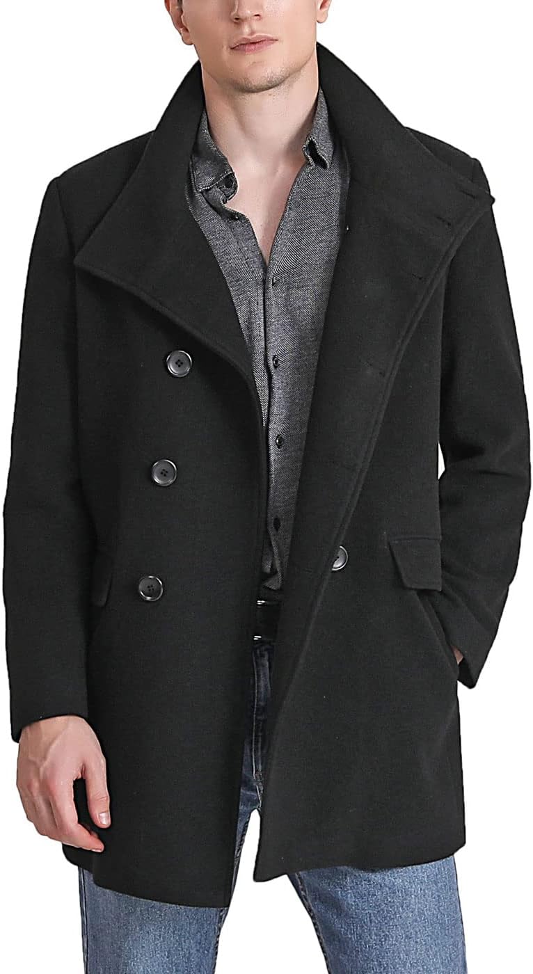 Landing Leathers Men Wing Collar Wool Blend Double Breasted Walking Pea Coat (Also available in Big and Tall)