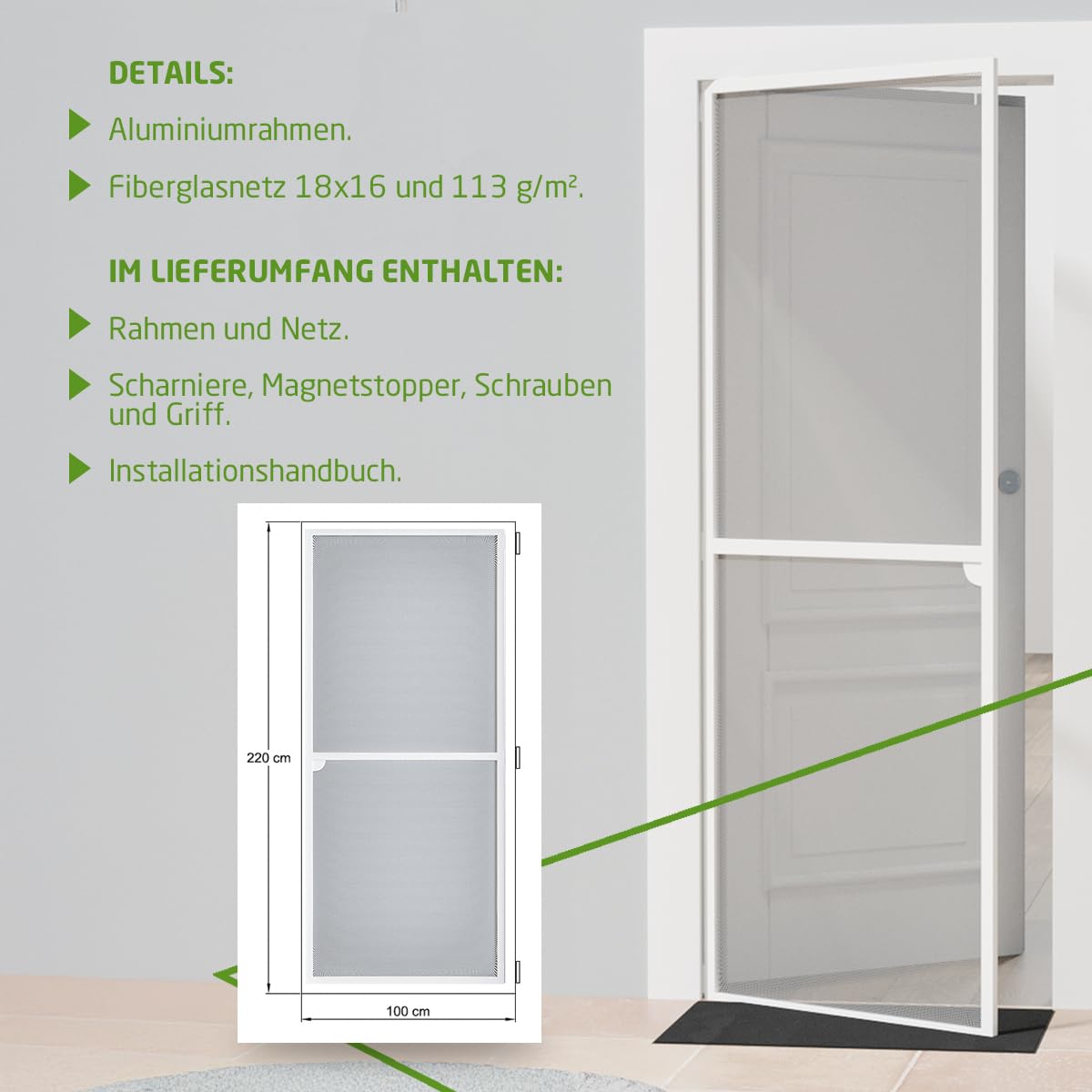 Amig - Moskitonetz für Türen | 100 x 220 cm | Effektiver Schutz | Anpassbar | Komplettset mit Rahmen, Netz und Zubehör | Aluminium und Fiberglas | Weiß/Grau | Mückenschutz