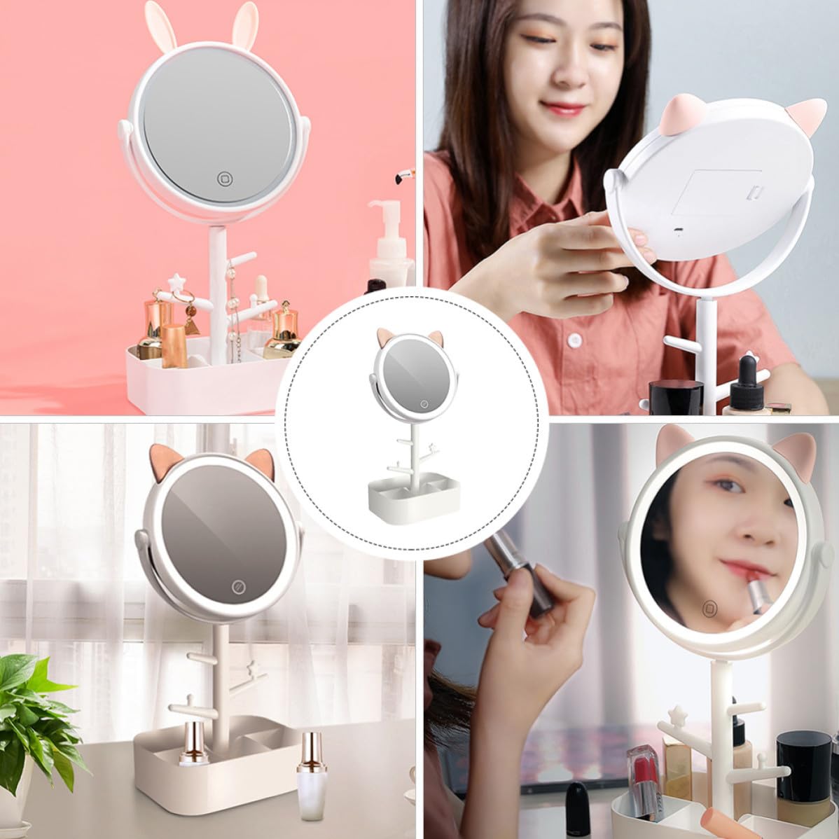 Specchio Trucco con Luci Led, Ricaricabile 500mah, Bianco | Dimming Continuo, Vetro ad Alta Definizione, Vano Integrato, Plastica, per Bagno e Toilette