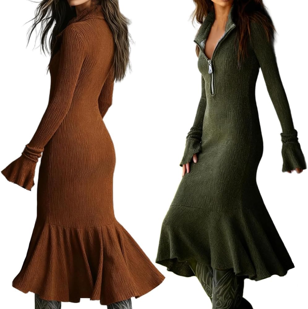 Women's Retro Knit Half Zip V-Neck Flared Long Sleeve Elegant Casual Sexy Slim Bodycon Fishtail Hem Dresses