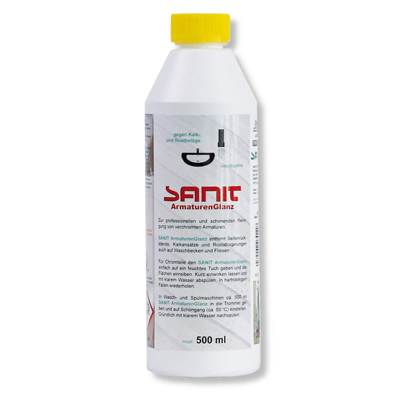 DEWEPRO-Set: SANIT ArmaturenGlanz (3011) - 6 Flaschen à 500ml - zur professionellen und schonenden Reinigung von verchromten Armaturen, inkl. 1 St. DEWEPRO® Single Scrubs