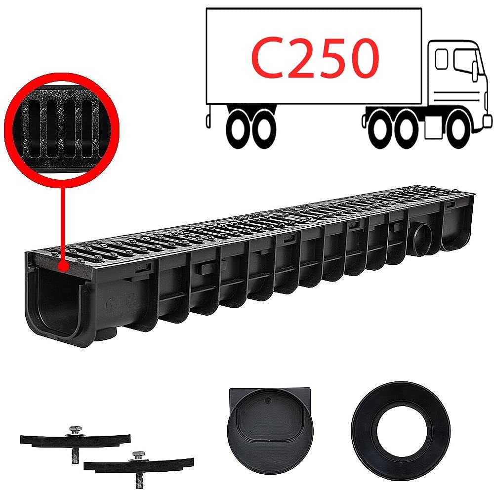 Melko Rynna odwadniająca kanał odwadniający C250, 1 metr, ruszt żeliwny - pasuje do DN75 i w zestawie adapter do DN110