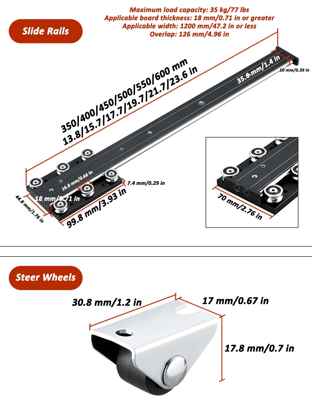Cierre Suave Guias para Cajones 350-600 mm, Riel Deslizante de Extensión para Encimera de Ventana Salediza, Rieles para Cajones de Armarios de Joyería/Cocina/Cómoda(17.7 in/45 cm)