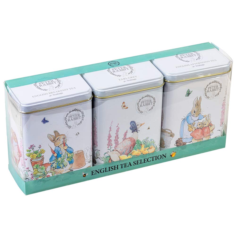 New English Teas Peter Rabbit English Tea Selection Gift Set - 3 Beatrix Potter Tins (120 Teabags Total) - English Breakfast, Afternoon & Earl Grey