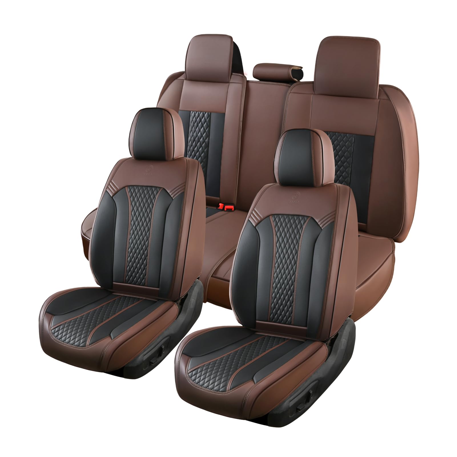 Doogo Seat Covers Full Set for Car, Leather Seat Covers 5 Seats, Front and Rear Covers, Waterproof Brown Leather Seat Protectors, Vehicle Auto Interior Protector for SUV Truck Sedan Brown/Black