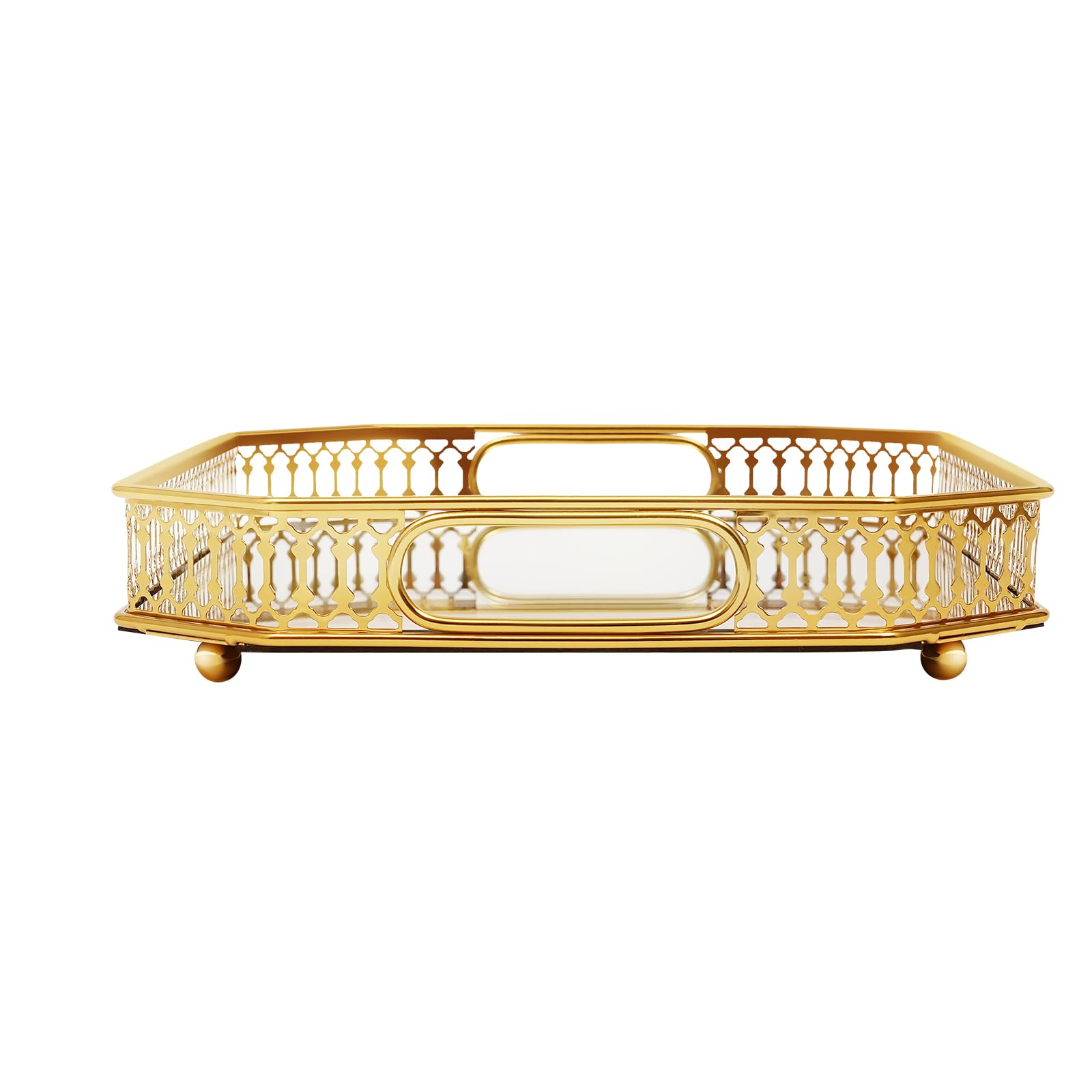 Bandeja dorada para servir 35 x 25 cm, hierro y cristal, revestimiento galvanizado, con borde y patas esféricas, bandeja para frutas, cosméticos y joyas, bandeja decorativa