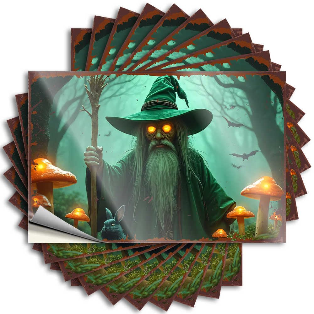 Dorm Room Accessories Coastal Sticker - Green Wizard in A Mystical Forest with Glowing Mushrooms and Bats Removable Decal Bottle Easy Peel for Darts(12X18CM)