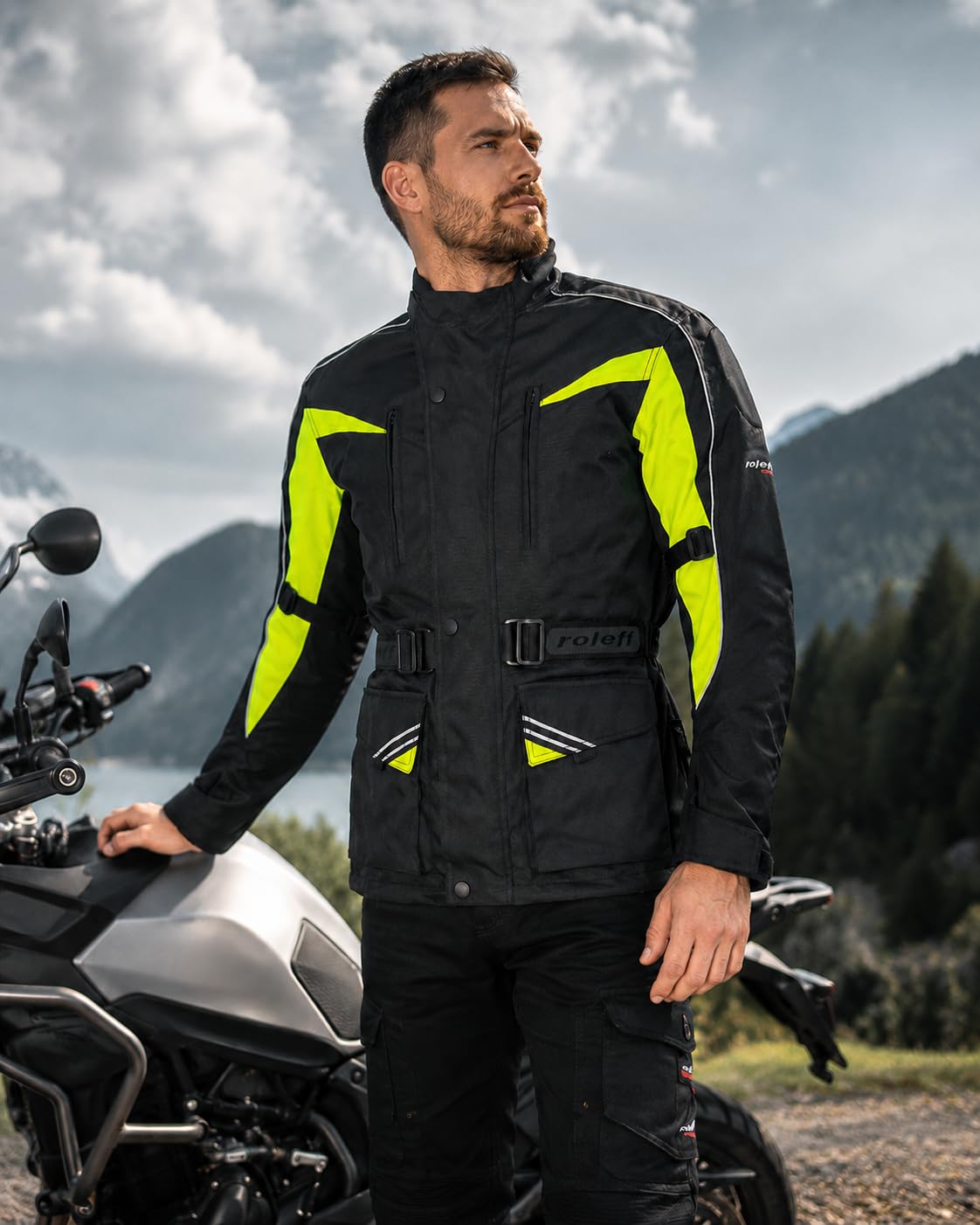 Roleff GIACCA MOTO RO10005 - NERO GIALLO NEON - IMPERMEABILE TRASPIRANTE PROTEZIONI DI SICUREZZA - TAGLIA S - 7XL - IDEALE PER TOURING E USO QUESTO, Nero/giallo fluo, 6XL