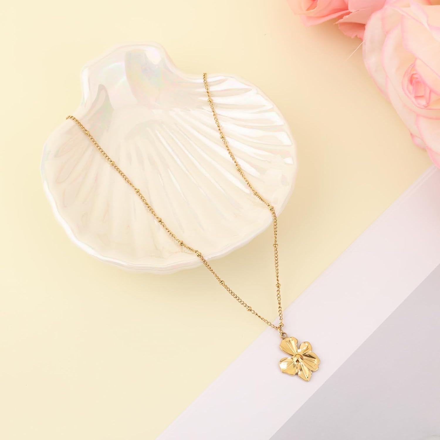 Boho Flower Necklace, Gold Stainless Steel Flower Pendant Necklace Cute Delicate Love Pendant Necklaces Jewelry Gifts Gold Floral Necklaces for Women - Image 3