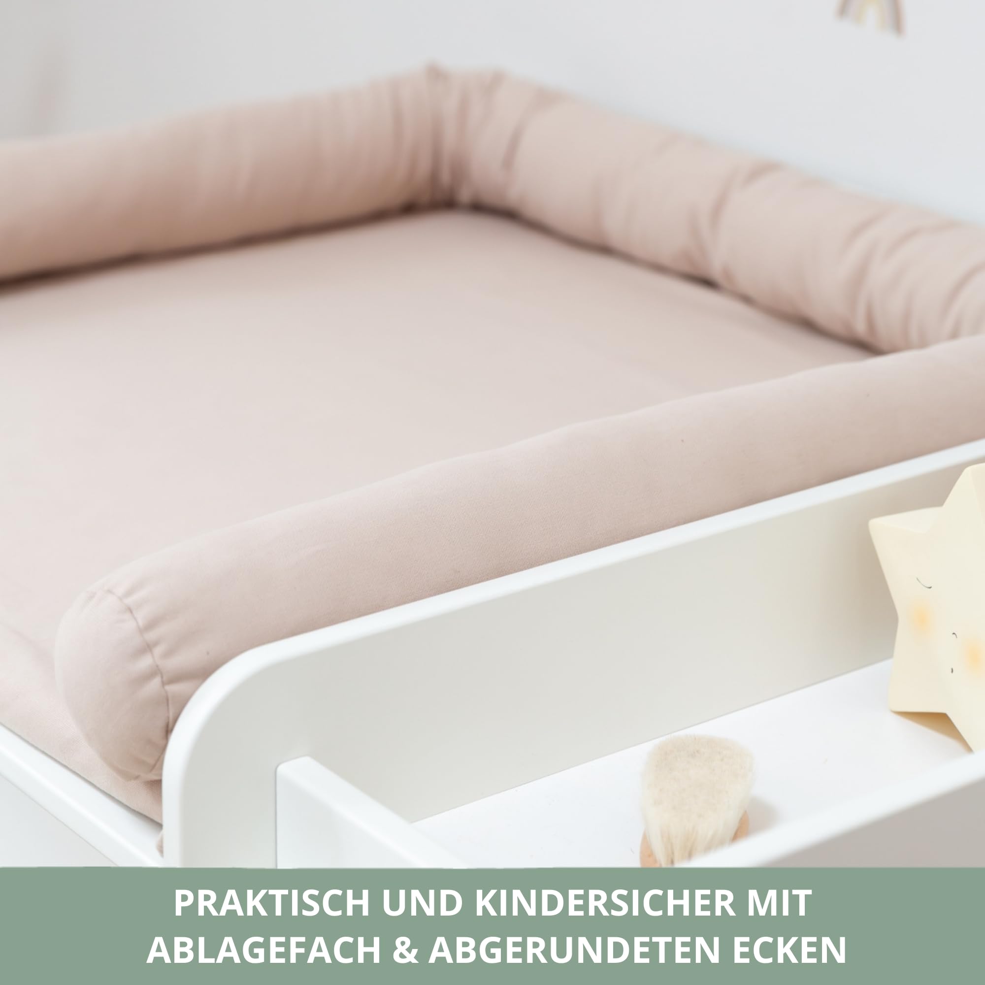 Wickelaufsatz Set für IKEA HEMNES – mit Aufsatz, Wickelauflage & Umrandung aus 100% Baumwolle (Pure Beige, 160 cm Aufsatz & Auflage)