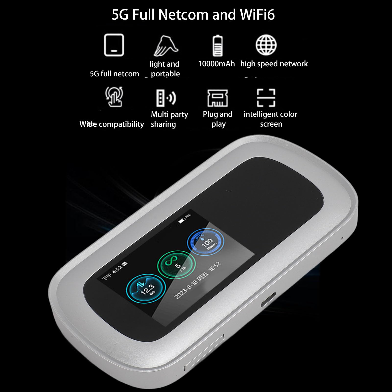Mobilny Hotspot WiFi 5G, Przenośny Mobilny Hotspot WiFi 5G do Podróży, Kolorowy Ekran 2,5 Cala, Ośmiordzeniowy Procesor WiFi6 Mobilny Router 5G 4G LTE Obsługa 16 Użytkowników,