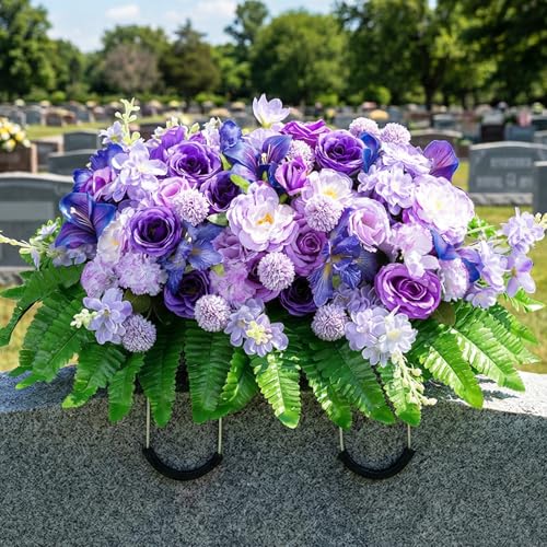 Cemetery Flower Saddles for Headstones: Purple Flowers Artificial Outdoors Grave Decorations Spring Easter Memorial Day - Fake Rose Camellia Tombstone Flowers Saddle for Cemetery G image 3