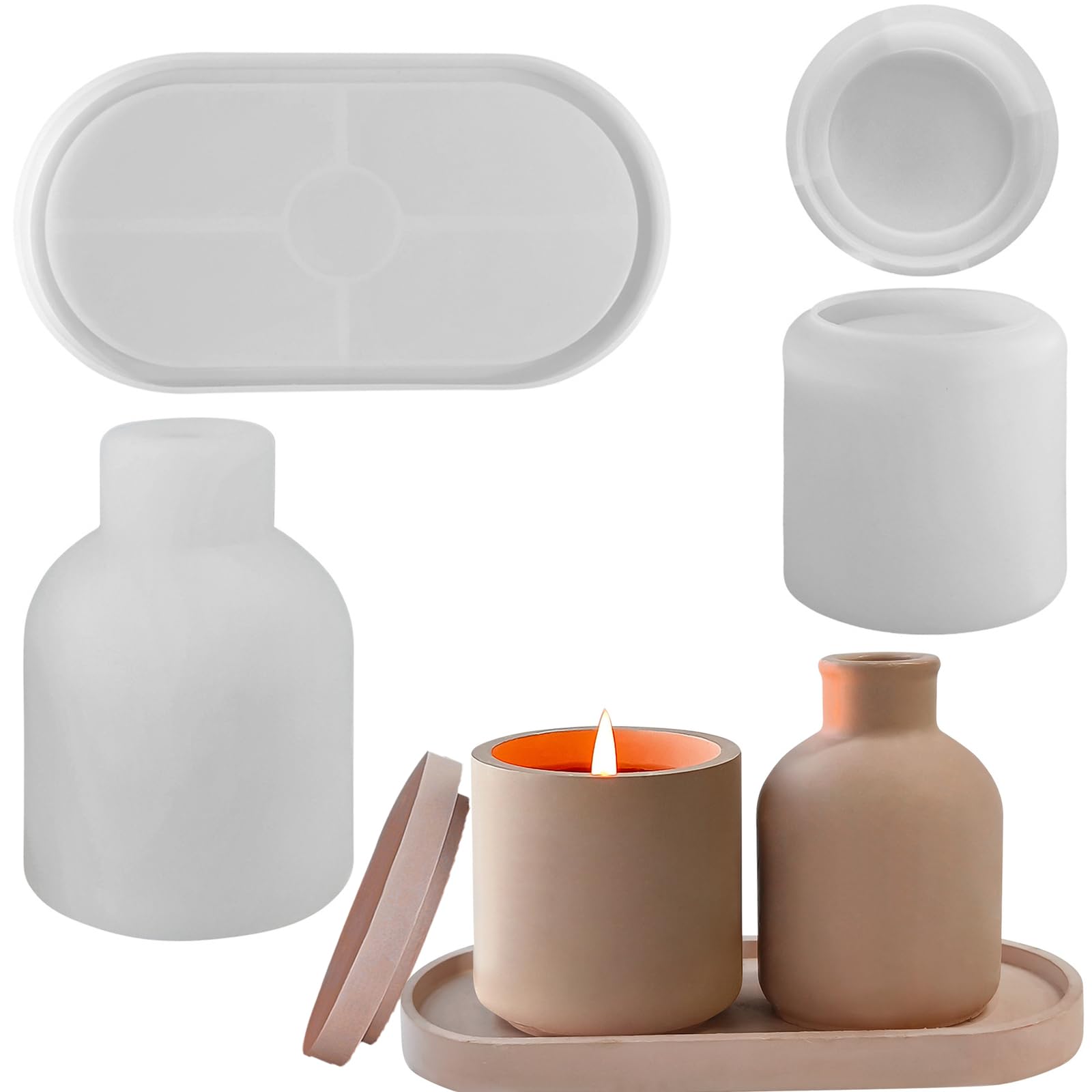 Lxoraziy Silicone Vase Mould Set 3 PCS - Candle Jar Mould with Lid & Tray, Durable Epoxy Resin Moulds for DIY Home DΓ©cor, Flower Vase, Pen Holder, Candle Making(Simple Style)