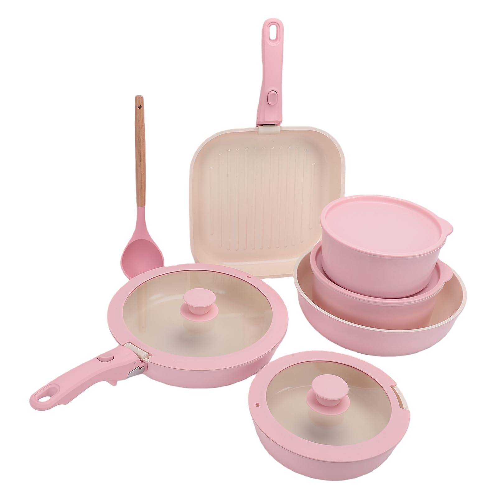 Qcwwy Antihaftbeschichtetes Kochgeschirr-Set, Aluminium, für Induktion Geeignet, Ofenfest, Spülmaschinenfest, Stapelbar, mit Abnehmbarem Griff für Kleine Küchen und Wohnmobilreisen
