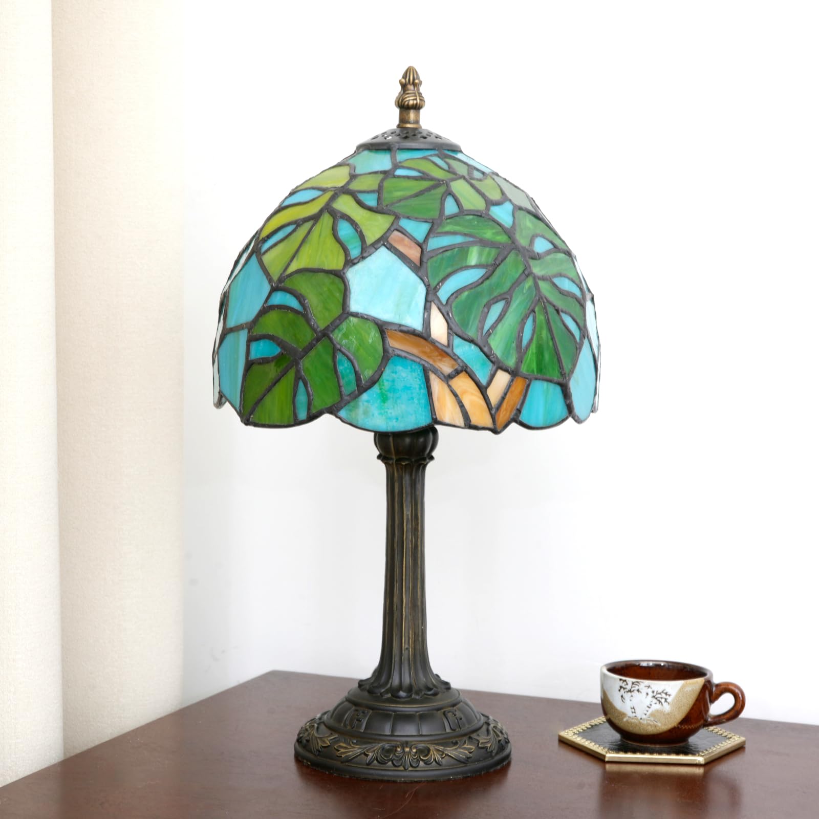 Tiffany mesa lámpara tortuga atrás bambú palma hojas vidrio lámpara hecha a mano verde lado de cama lindo acento luz de mesa de noche