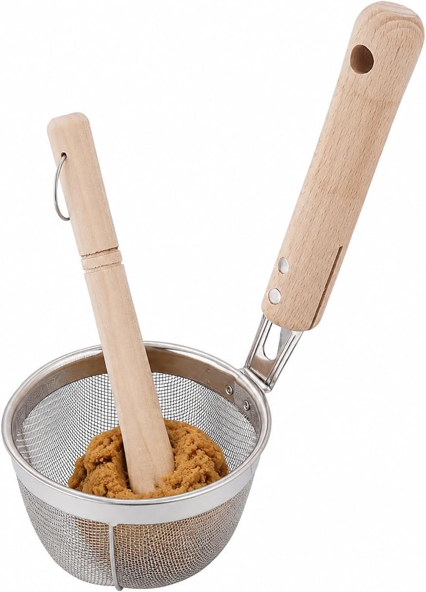 TIKUSAN Miso Strainer and Muddler Miso Dissolver Misokoshi Stainless Steel with Wooden Muddler for Making Miso Soup Made in Japan Small Size