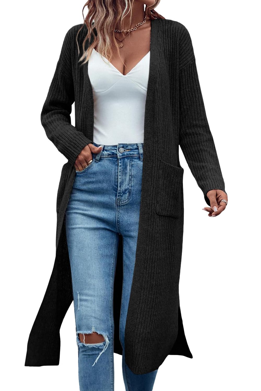 Danedvi Long Cardigan Sweaters for Women Ribbed Knit Open Front Long Sleeve Oversized Fall Casual Coat with Pockets