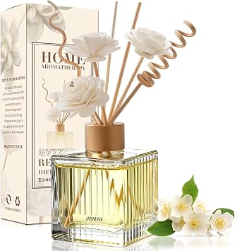 Jasmine Reed Diffuser 6.7oz 200ml Bedroom & Home Decor | Glass Bottle w/ 4 Rattan Sticks,3 Dried Flowers,Adjustable Long-Lasting Scent for Home,Office,Bathroom