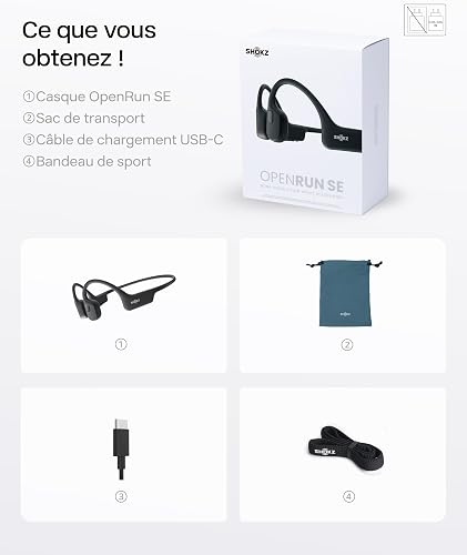 SHOKZ OpenRun Bone Conduction Headphones, Open-Ear Bluetooth Sports Earphones with Mic, IP67 Waterproof Wireless Headset for Running and Workout, 8H Playtime, USB-C - Comet Grey, Sport headband - 10