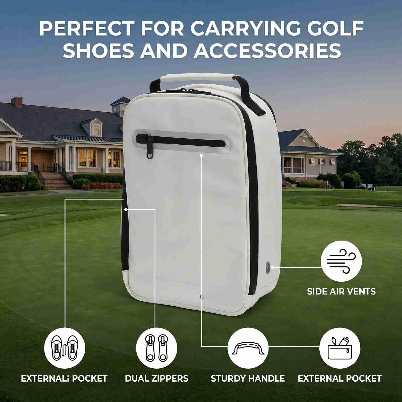 Reise-Schuhtasche, Geräumige Tragetasche mit Reißverschluss für Golf und Sport, Belüfteter Organizer aus Weißem PU-Leder mit Griff