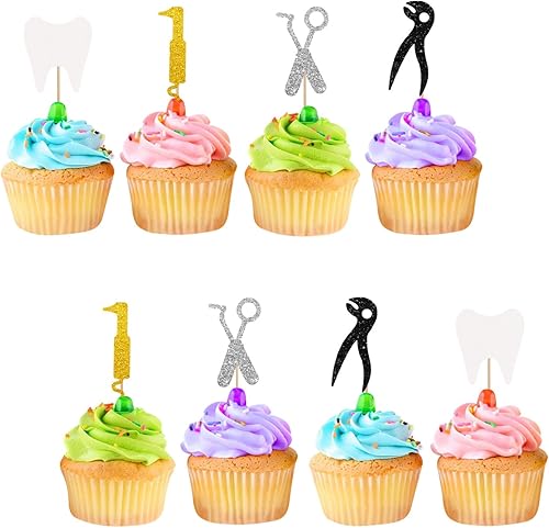 24 adornos para cupcakes para dentistas, decoración de pasteles de felicitaciones para dentistas, decoraciones de pastel con purpurina blanca y