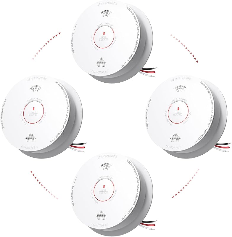 Siterlink Hardwired Smoke Detector and Carbon Monoxide Detector 4 Pack | 10 Year Battery up, Interconnected Smoke & CO Alarm Combo with Bilingual Voice Alerts, UL 217 & UL 2034 Certified