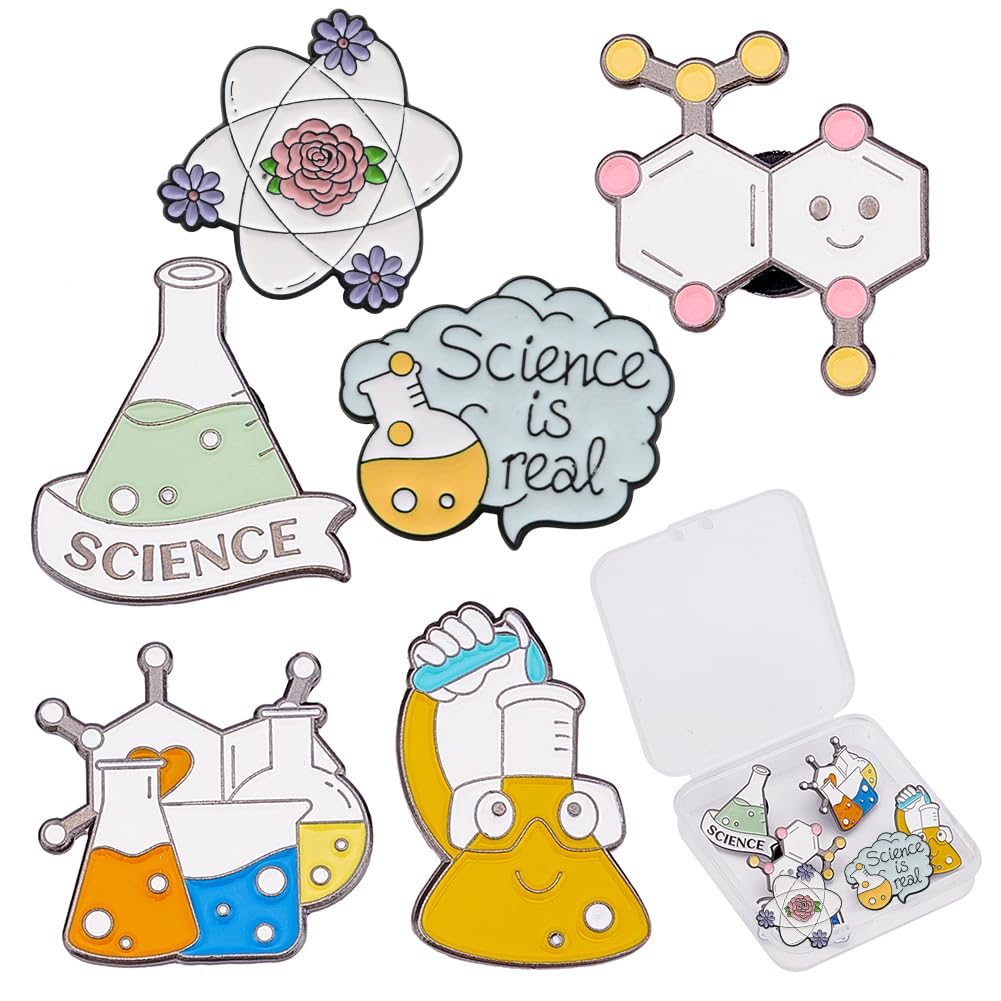 SUNNYCLUE 1 Box 6Pcs 6 Style Lab Pins for Badge Enamel Pin Brooches Laboratory Equipment Flask Lapel Badge Pins Cute Brooches for Backpacks Chemestry Major Gifts Graduation Cartoon Scientist Beaker