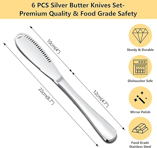Miniatura 2 de Juego de 6 cuchillos de mantequilla plateados, esparcidor de cuchillos de mantequilla altamente pulido, cuchillo esparcidor de acero inoxidable,