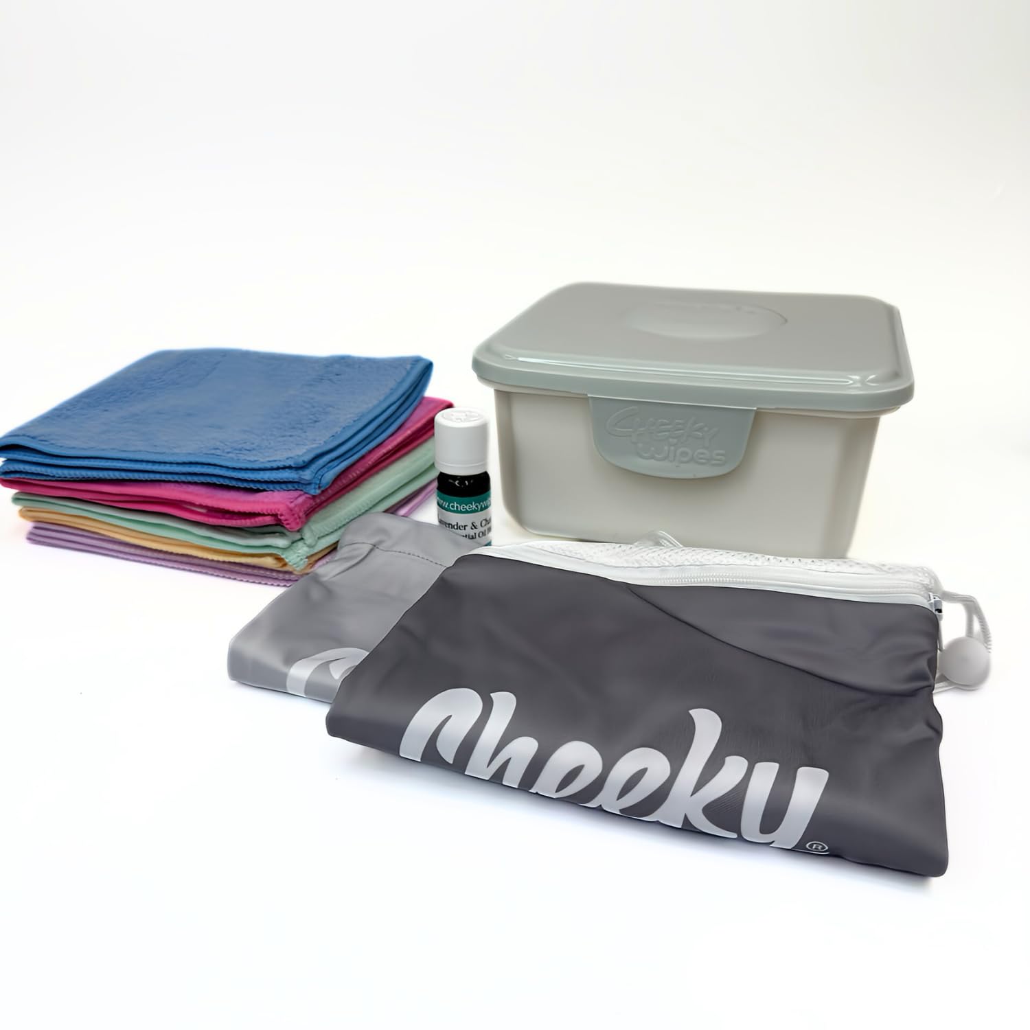 Cheeky Wipes Reusable Hands & Face Kit – 25 Washable Rainbow Microfibre Baby Wipes, Storage Container, Travel Bags, and Fresh Essential Oil Baby Wipes Soaking Solution (Grey, One Size)