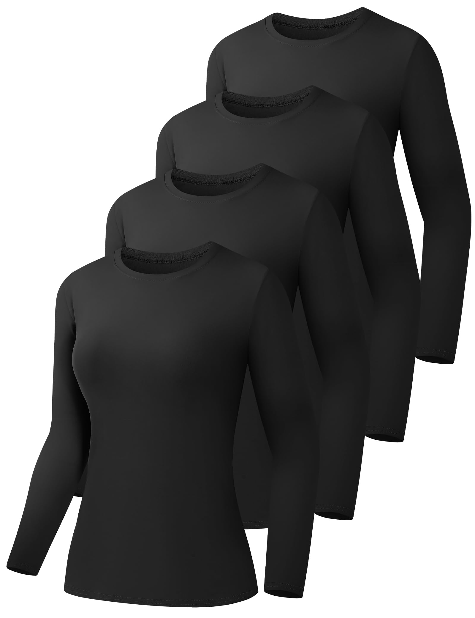 HOPLYNN 4 Pack Womens Long Sleeve Shirts Crew Neck Basic Compression Slim Fitted Workout Undershirts Baselayer Tops
