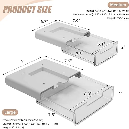 Miniatura 2 de Paquete de 2 cajones de almacenamiento para debajo del escritorio, deslizantes, perforadores o autoadhesivos, cajón grande y mediano debajo del